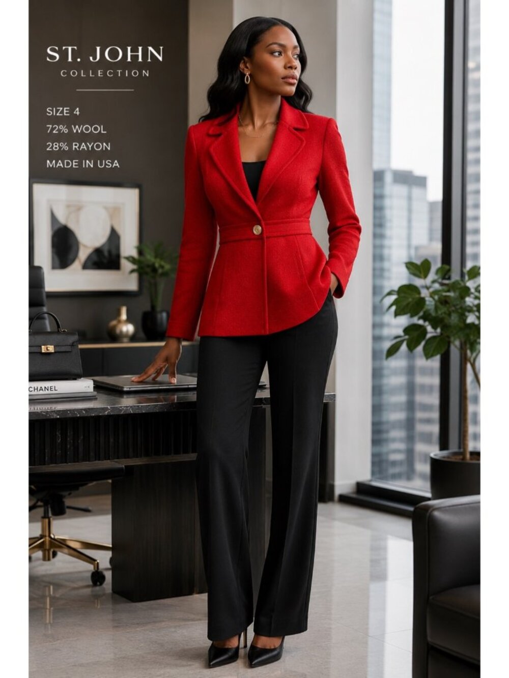 St. John Collection Red Knit Blazer Jacket Women’s Size 4 Wool Rayon Career Quie